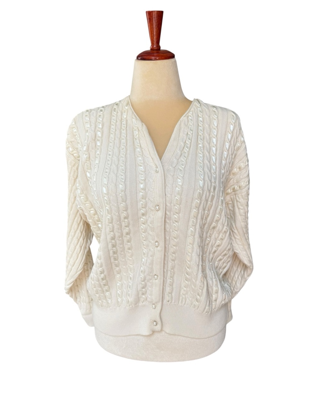 Vintage Cream Ribbon Knit Pearl Button Cable Cardigan Sweater Size Large